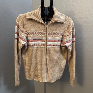 Vintage Tiara International Tan and Multicolor Zip-Up Sweater EUC